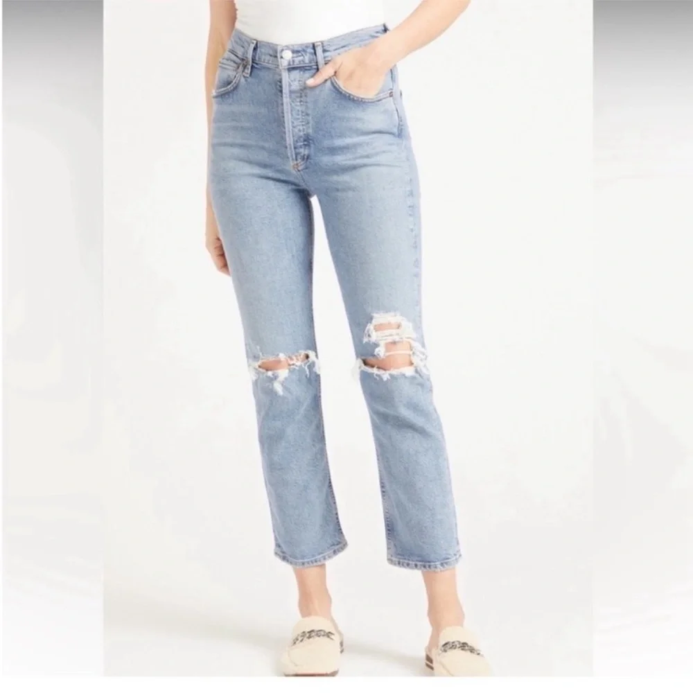AGOLDE Riley 90s High Rise Straight Crop Distressed Button Fly Jeans size 27 EUC - Picture 2 of 5